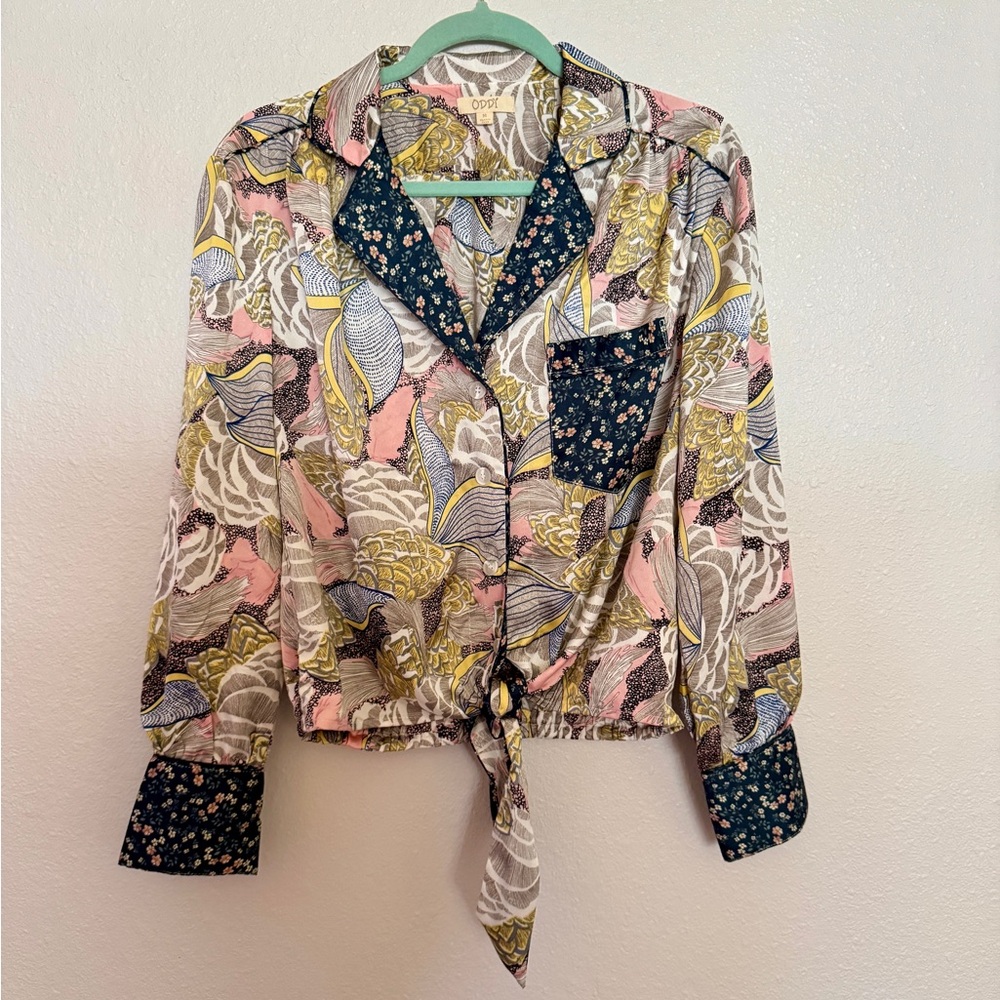 ODDY Multicolor Floral Pattern Tie-Front Blouse